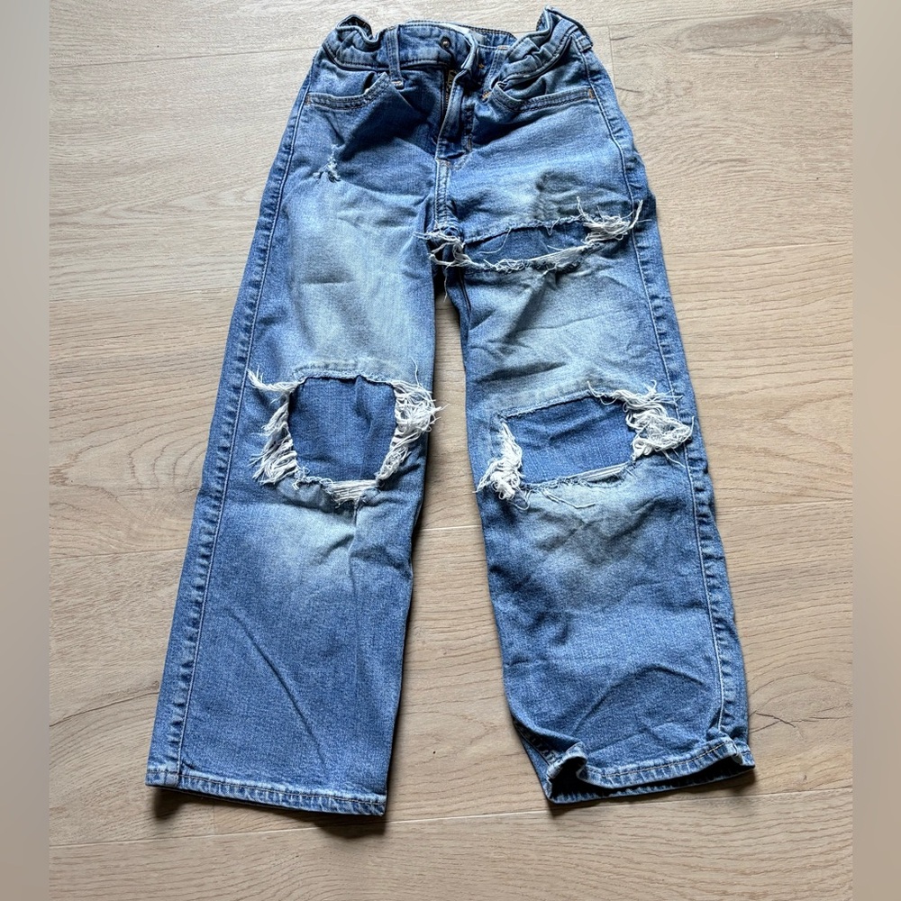 Abercrombie Kids High Rise Wide Leg Blue Distressed Jeans Sz 7/8 Short
